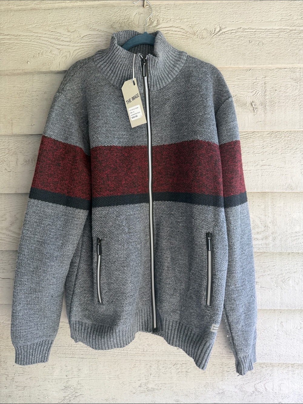 Men's Full-Zip Grey Sweater with Red Stripe